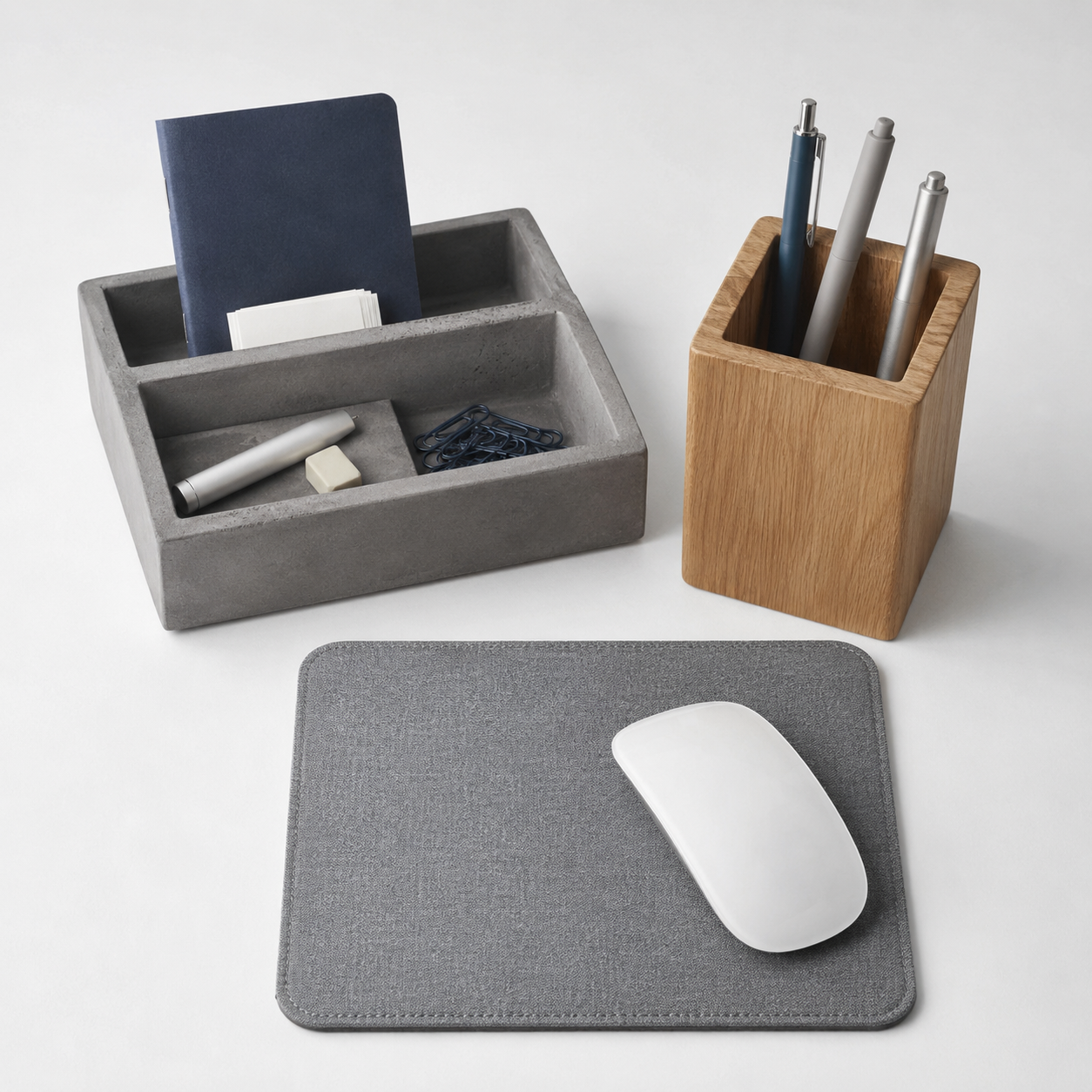Minimal Desk Trio — Entry-level three-piece desk reset.