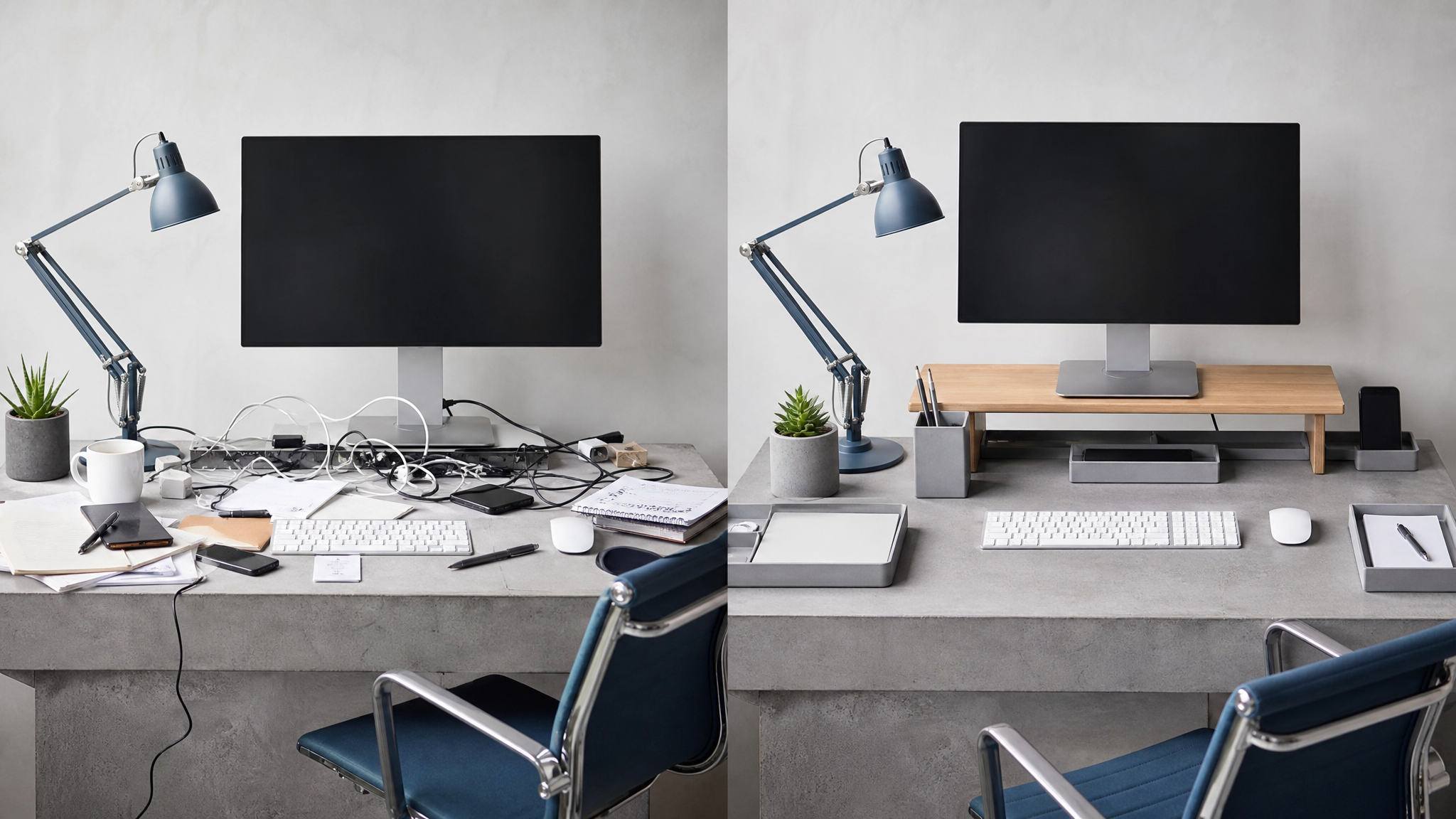 A cluttered work desk on the left transformed into an organized desk with a monitor riser and cable channels on the right
