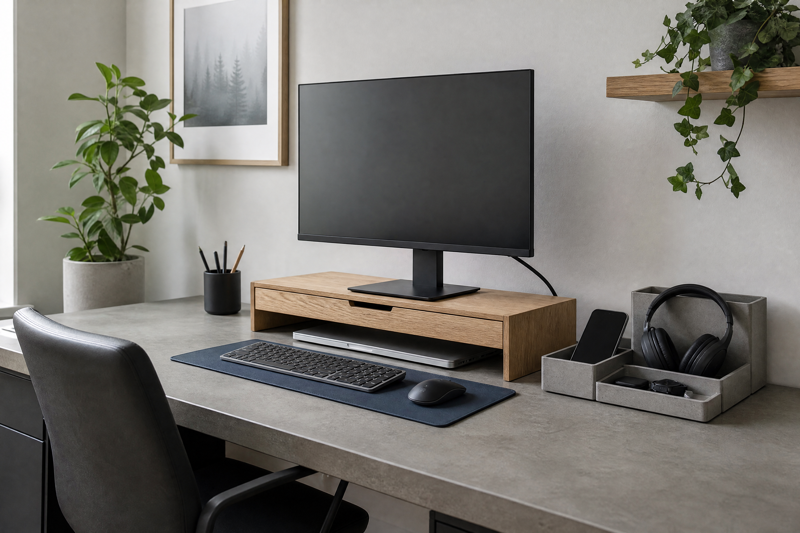 An organized home-office desk with an oak riser and grey trays